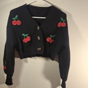 Unbranded Women's Chic Black Cropped Cardigan with Cherry Embroidery Size M